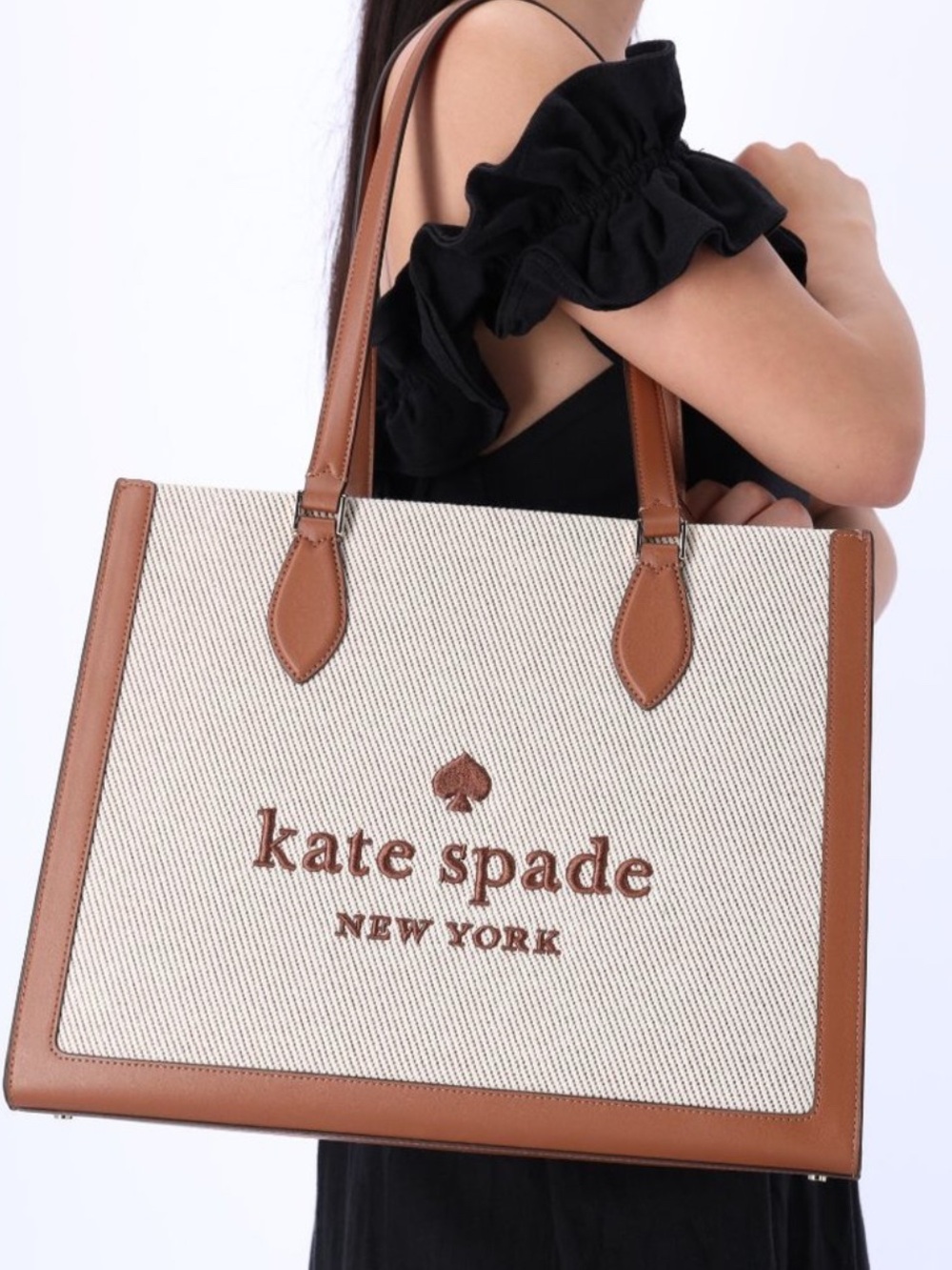 kate spade Cream Canvas Tote with Brown Leather Trim